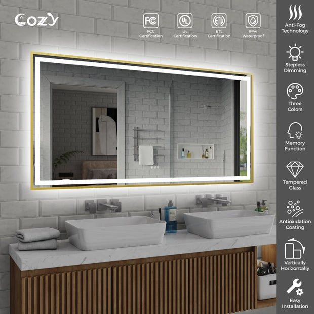 72" x 36" Frontlit & Backlit Anti-Fog Tempered Glass Framed Bathroom/Vanity Mirror