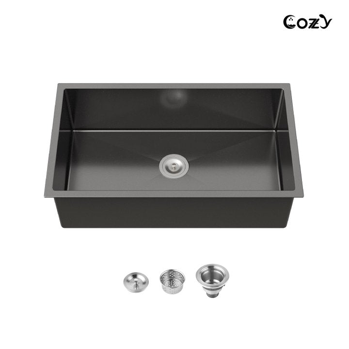 33x19 inch Black Stainless Steel Single Bowl Undermount Kitchen Sink with US Standard Drain and Hook, Model SS-BL04D-331912