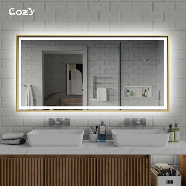 72" x 36" Frontlit & Backlit Anti-Fog Tempered Glass Framed Bathroom/Vanity Mirror