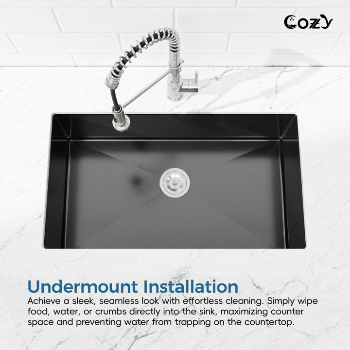 33x19 inch Black Stainless Steel Single Bowl Undermount Kitchen Sink with US Standard Drain and Hook, Model SS-BL04D-331912