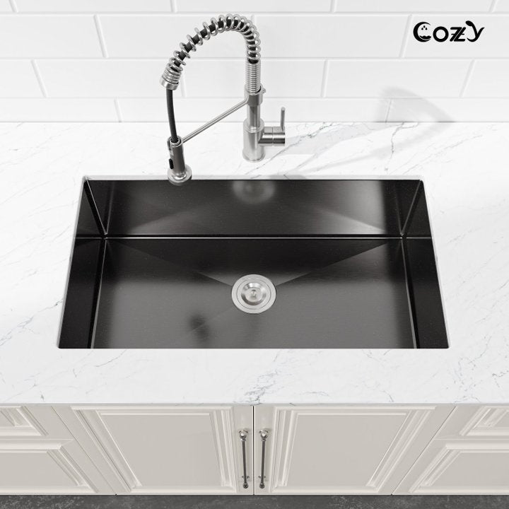 33x19 inch Black Stainless Steel Single Bowl Undermount Kitchen Sink with US Standard Drain and Hook, Model SS-BL04D-331912