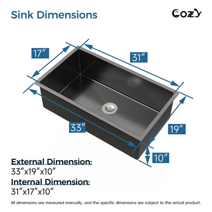 33x19 inch Black Stainless Steel Single Bowl Undermount Kitchen Sink with US Standard Drain and Hook, Model SS-BL04D-331912