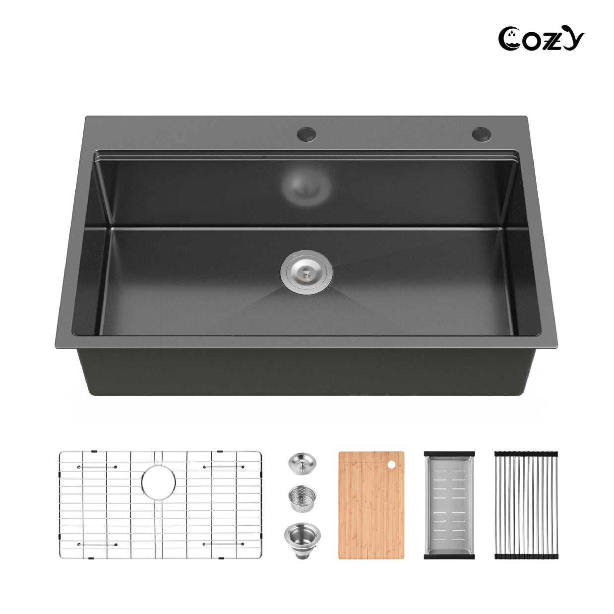 COZY Stainless Steel Kitchen Sink, Single Bowl, Overmount Handmade Sink, with US Standard Drain and Hook.