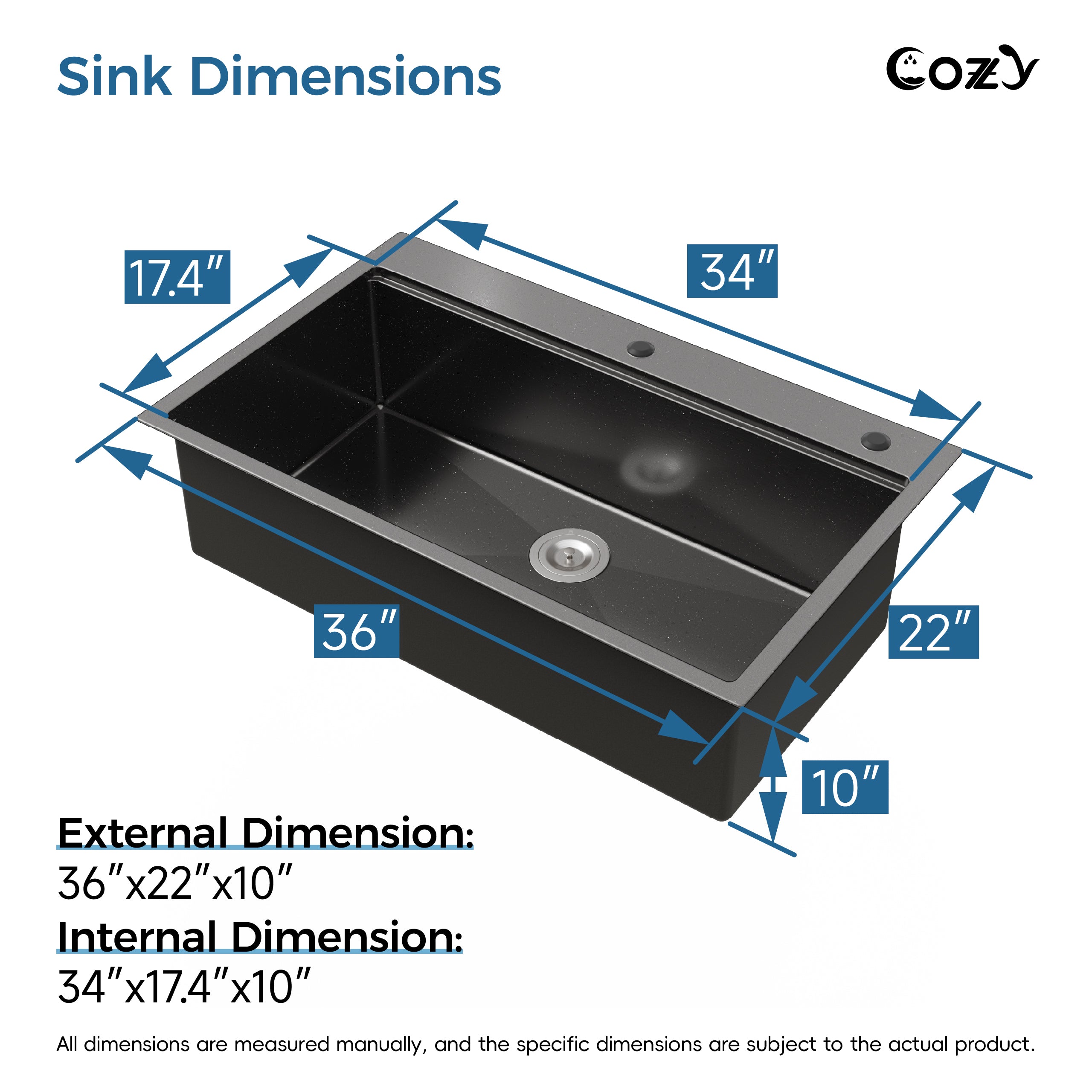 COZY Stainless Steel Kitchen Sink, Single Bowl, Overmount Handmade Sink, with US Standard Drain and Hook.