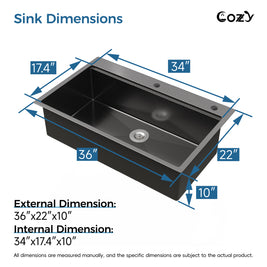 COZY Stainless Steel Kitchen Sink, Single Bowl, Overmount Handmade Sink, with US Standard Drain and Hook.