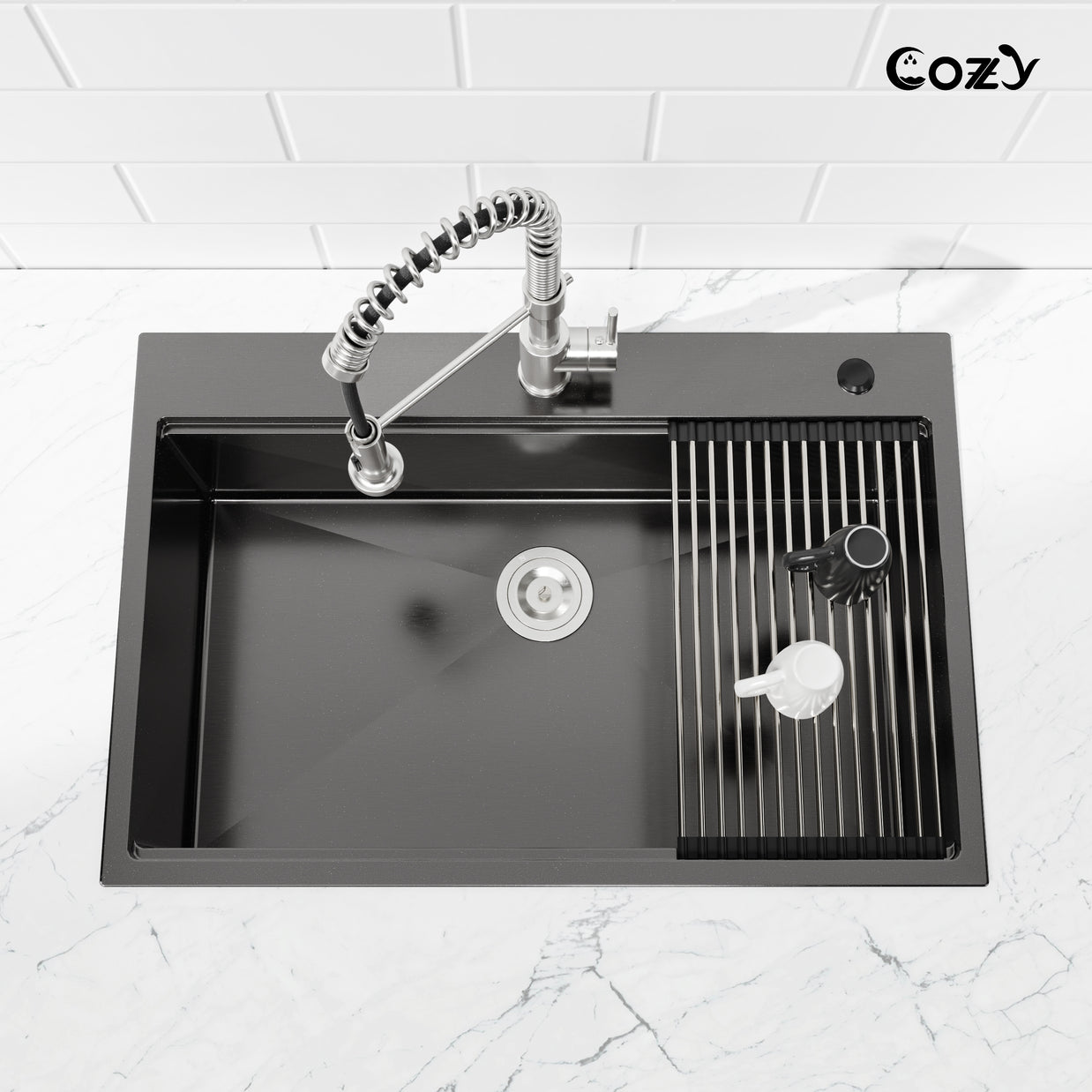 COZY Stainless Steel Kitchen Sink, Single Bowl, Overmount Handmade Sink, with US Standard Drain and Hook.