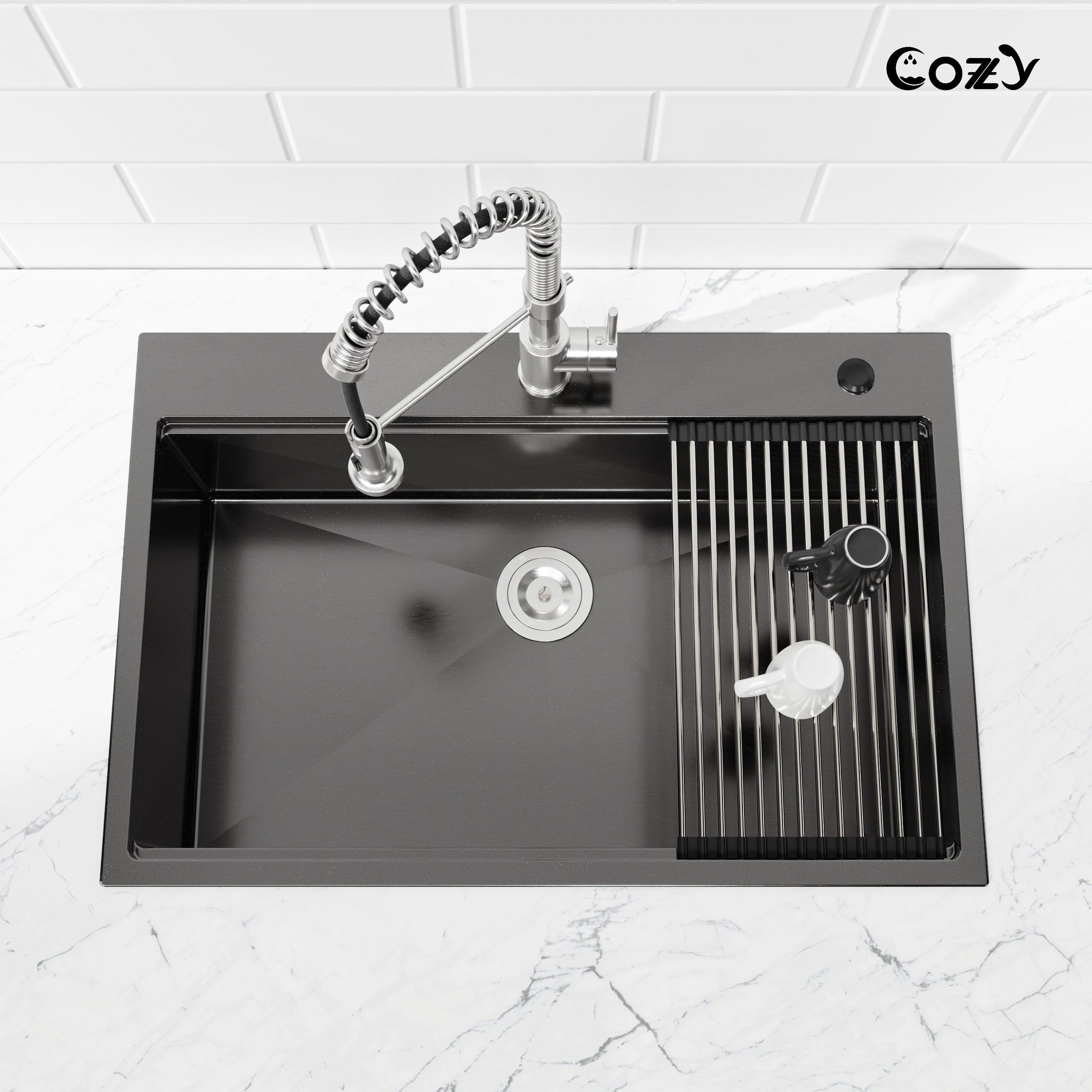 COZY Stainless Steel Kitchen Sink, Single Bowl, Overmount Handmade Sink, with US Standard Drain and Hook.