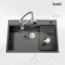 COZY Stainless Steel Kitchen Sink, Single Bowl, Overmount Handmade Sink, with US Standard Drain and Hook.