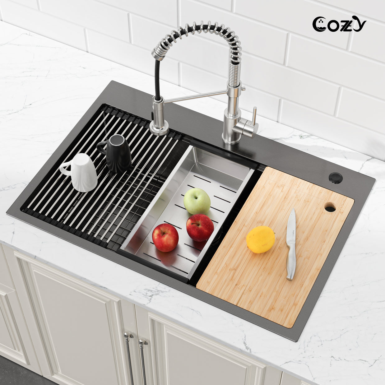 COZY Stainless Steel Kitchen Sink, Single Bowl, Overmount Handmade Sink, with US Standard Drain and Hook.