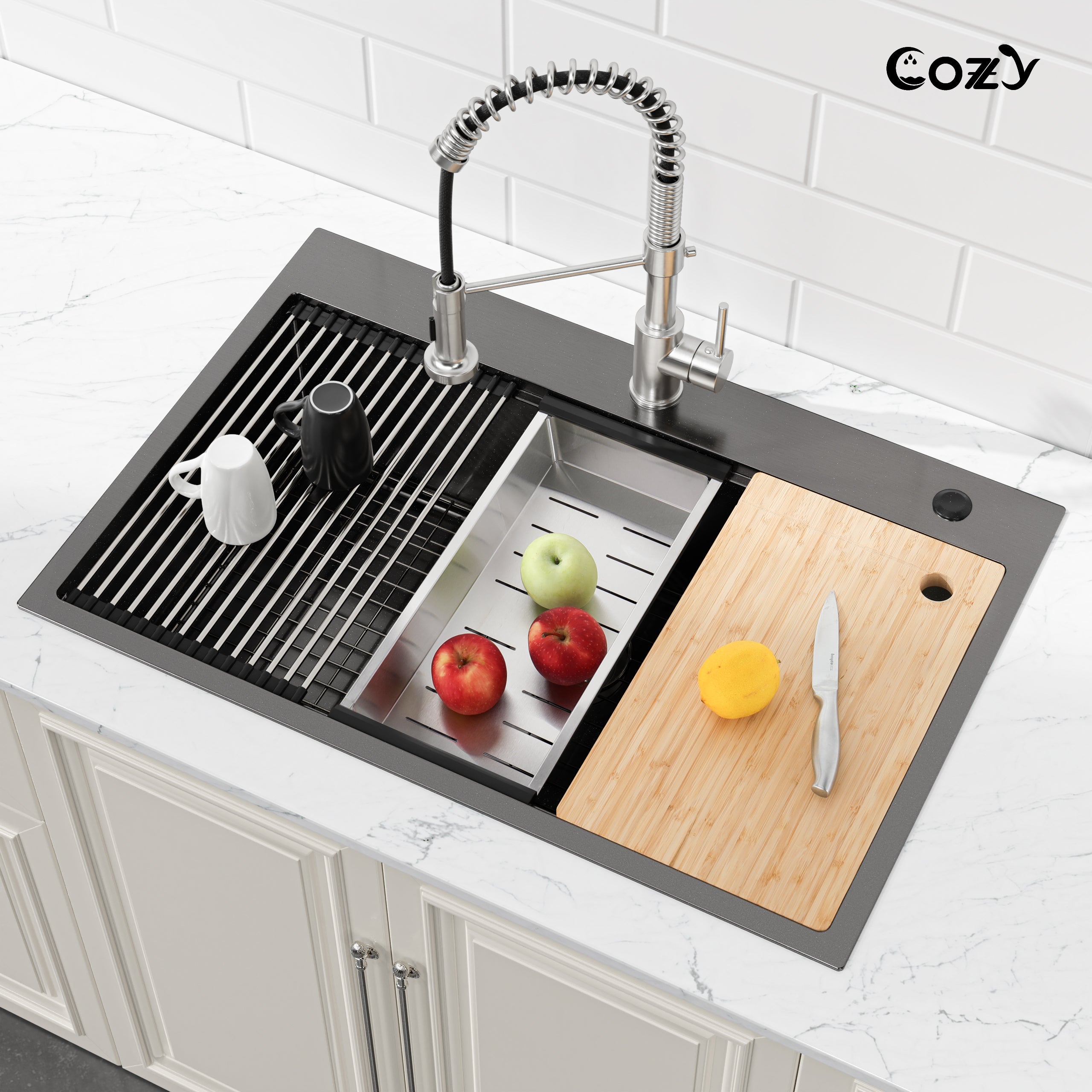 COZY Stainless Steel Kitchen Sink, Single Bowl, Overmount Handmade Sink, with US Standard Drain and Hook.