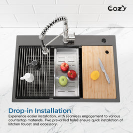 COZY Stainless Steel Kitchen Sink, Single Bowl, Overmount Handmade Sink, with US Standard Drain and Hook.