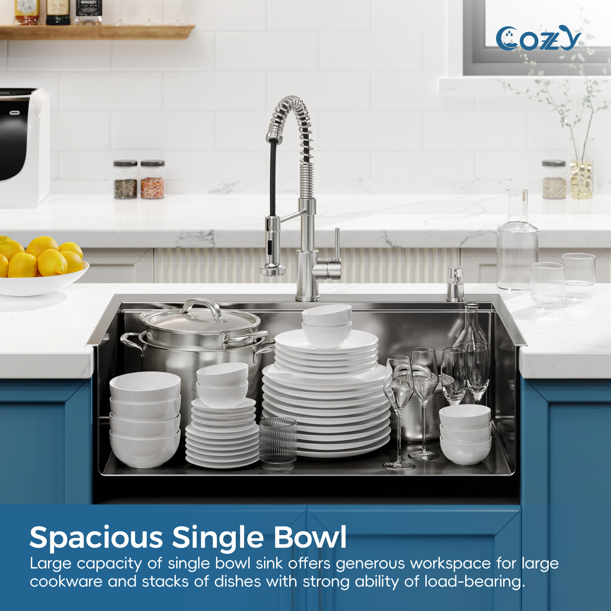 COZY Stainless Steel Kitchen Sink, Single Bowl, Overmount Handmade Sink, with US Standard Drain and Hook.