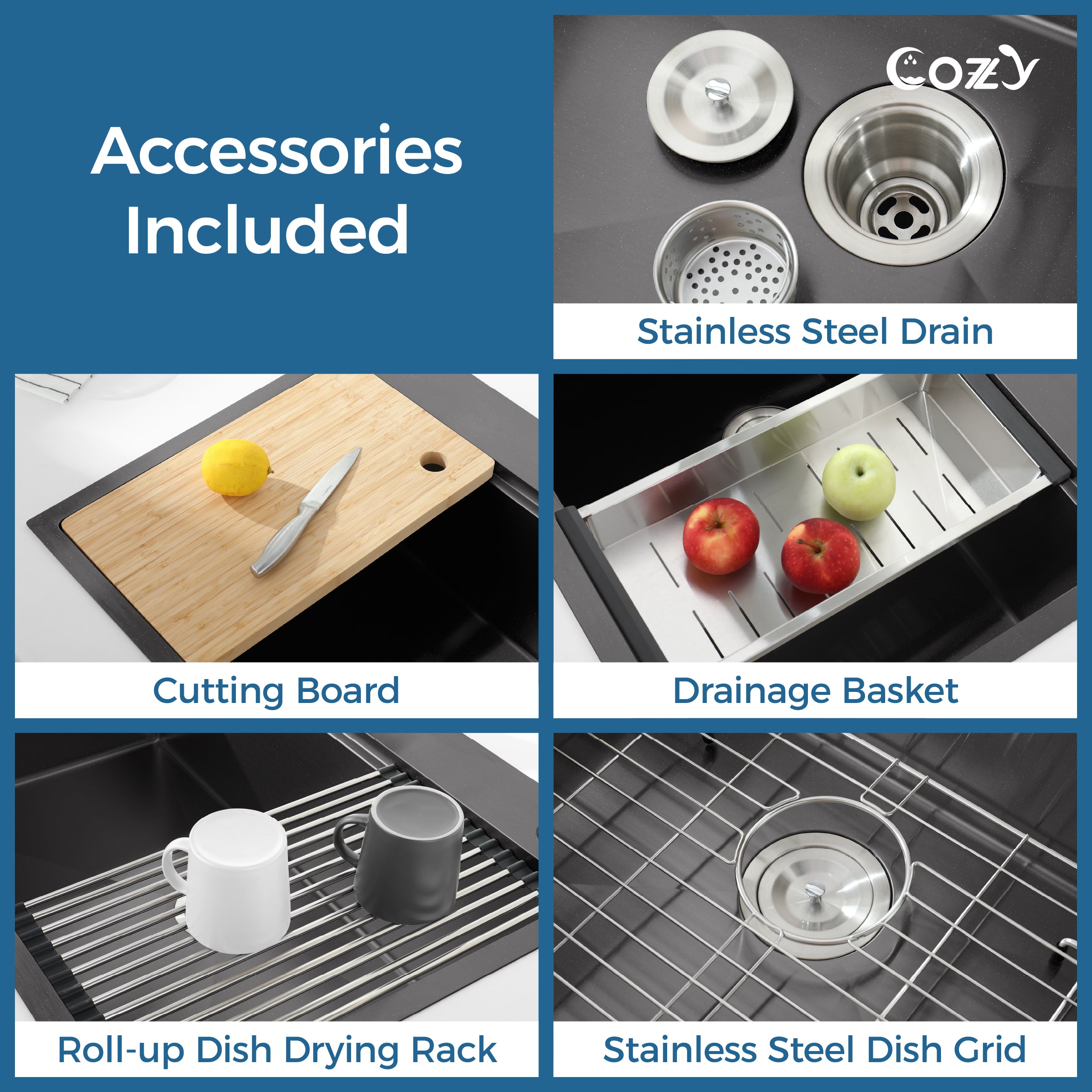 COZY Stainless Steel Kitchen Sink, Single Bowl, Overmount Handmade Sink, with US Standard Drain and Hook.