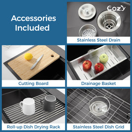 COZY Stainless Steel Kitchen Sink, Single Bowl, Overmount Handmade Sink, with US Standard Drain and Hook.