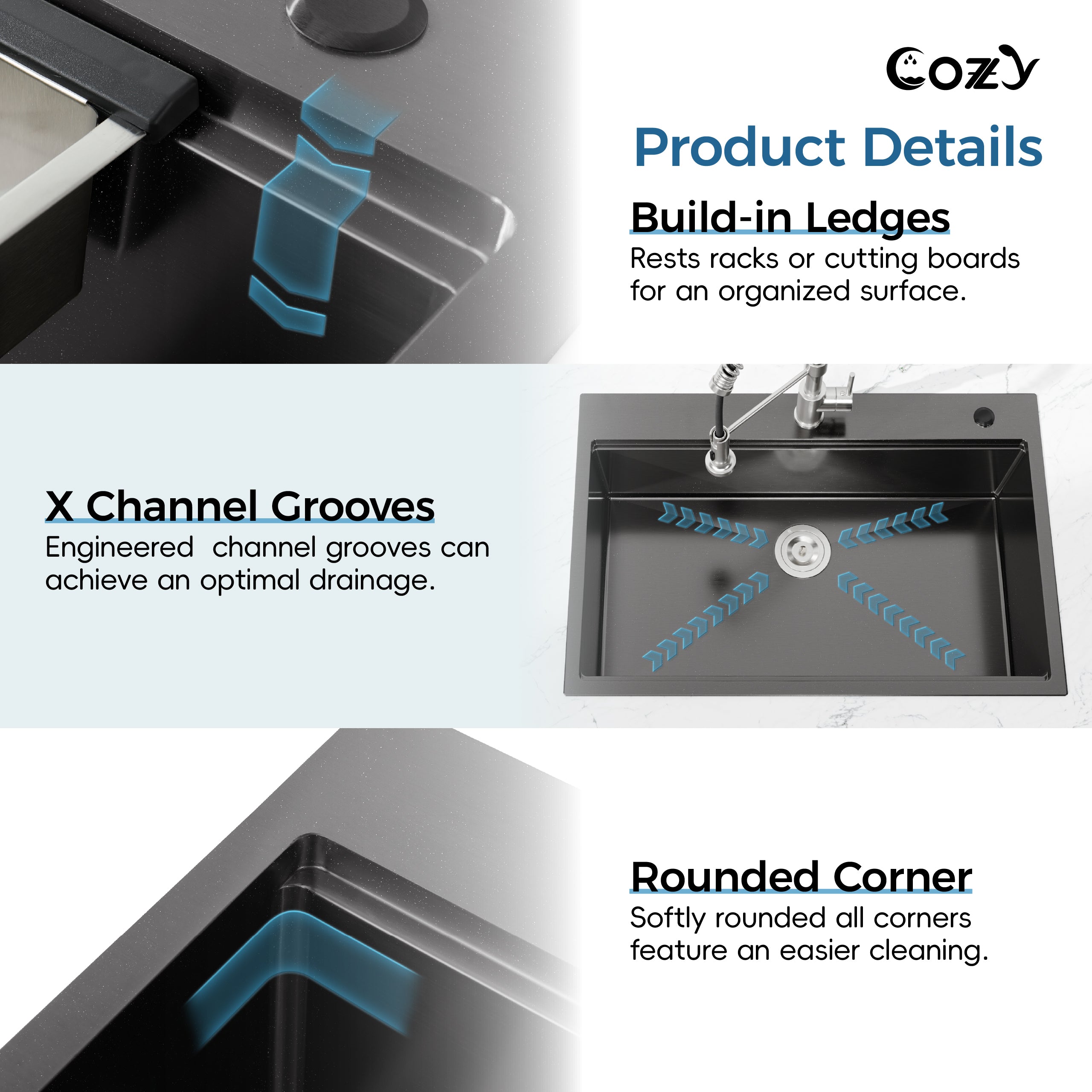COZY Stainless Steel Kitchen Sink, Single Bowl, Overmount Handmade Sink, with US Standard Drain and Hook.