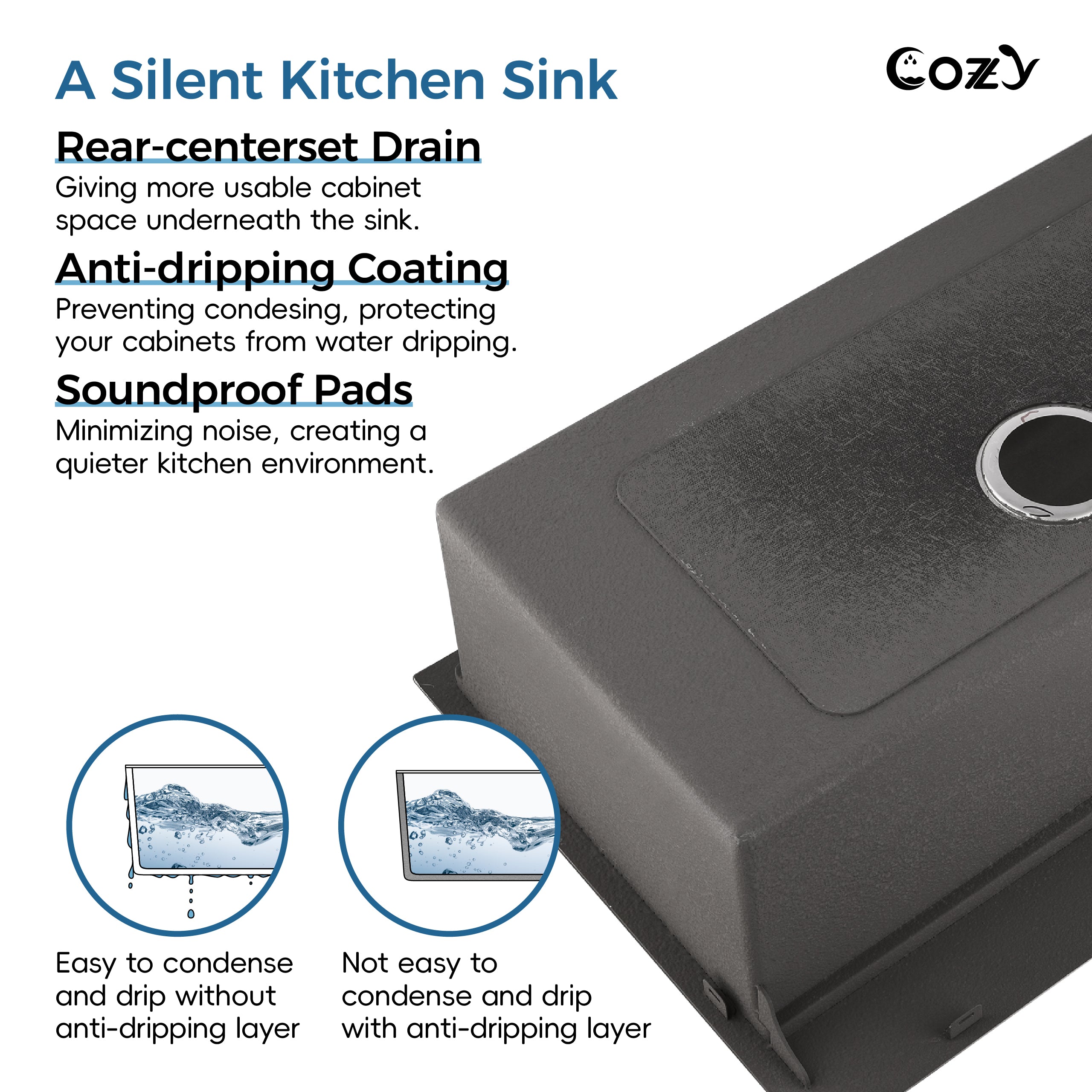 COZY Stainless Steel Kitchen Sink, Single Bowl, Overmount Handmade Sink, with US Standard Drain and Hook.