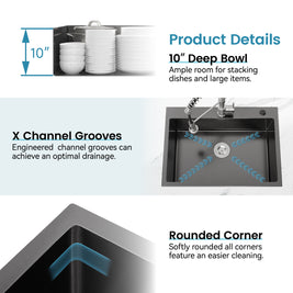 COZY Stainless Steel Single Bowl Kitchen Sink 30x19 inch, 1-Piece Overmount Brushed with US Drain & Hook, SS-BL02D-301908