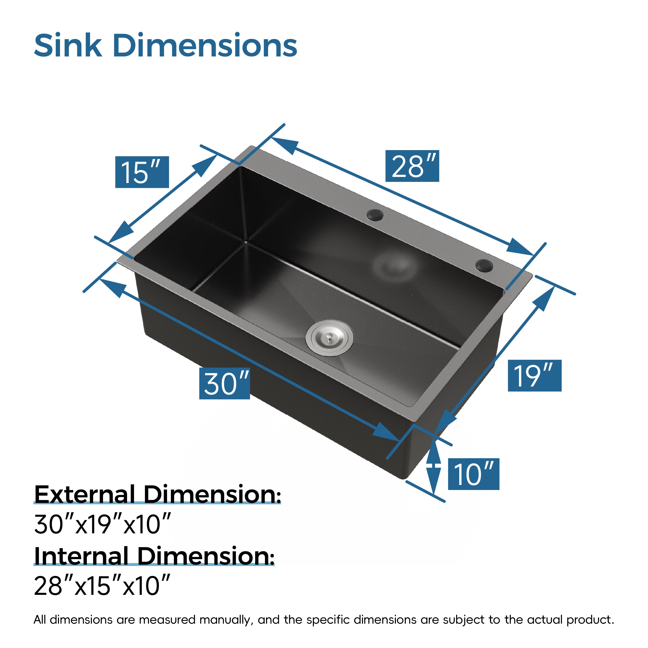 COZY Stainless Steel Single Bowl Kitchen Sink 30x19 inch, 1-Piece Overmount Brushed with US Drain & Hook, SS-BL02D-301908