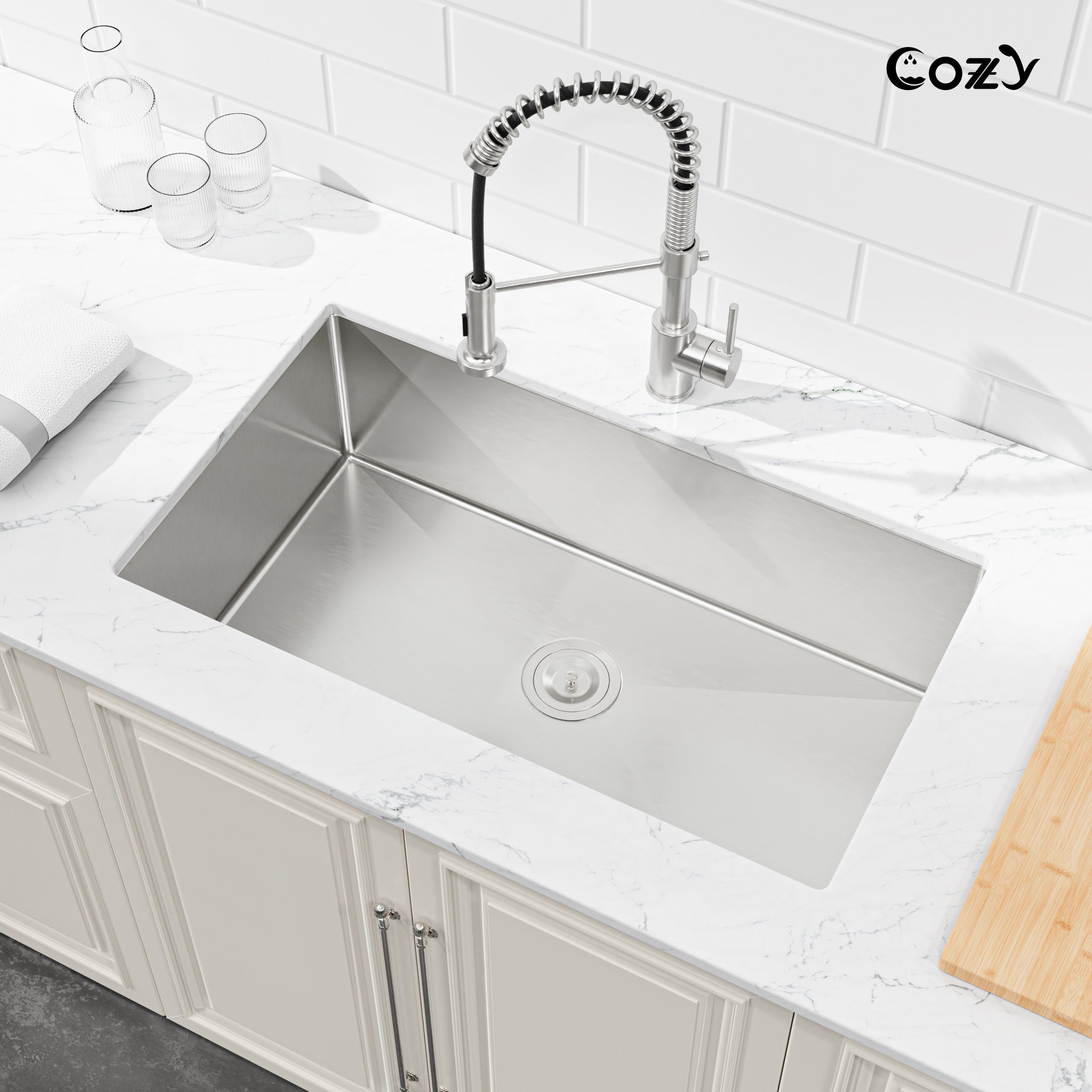 33x19 inch Brushed Nickel Stainless Steel Single Bowl Undermount Kitchen Sink with US Standard Drain and Hook, Model SS-BR04D-331912