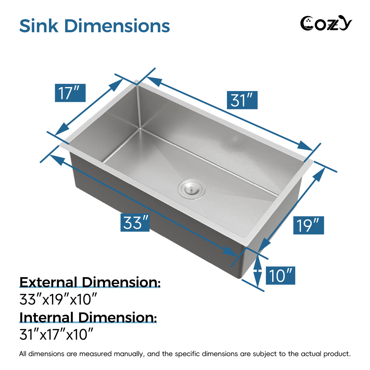 33x19 inch Brushed Nickel Stainless Steel Single Bowl Undermount Kitchen Sink with US Standard Drain and Hook, Model SS-BR04D-331912