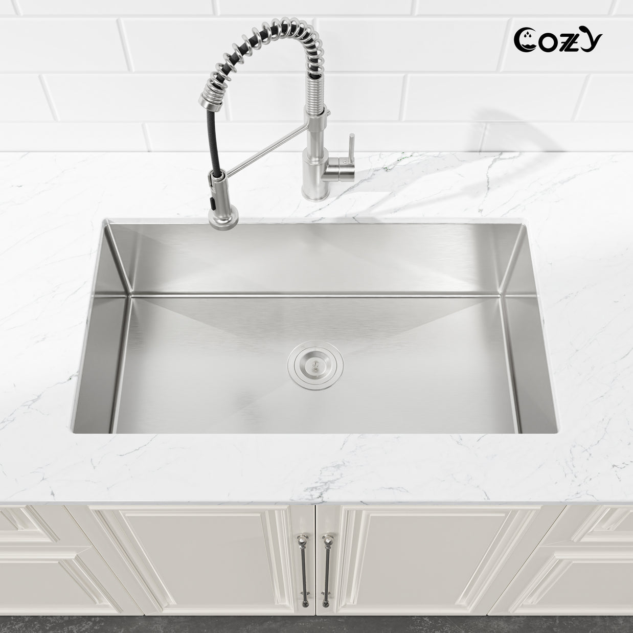 33x19 inch Brushed Nickel Stainless Steel Single Bowl Undermount Kitchen Sink with US Standard Drain and Hook, Model SS-BR04D-331912