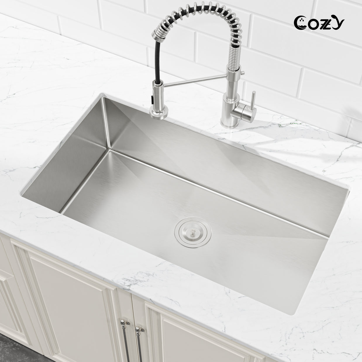 33x19 inch Brushed Nickel Stainless Steel Single Bowl Undermount Kitchen Sink with US Standard Drain and Hook, Model SS-BR04D-331912