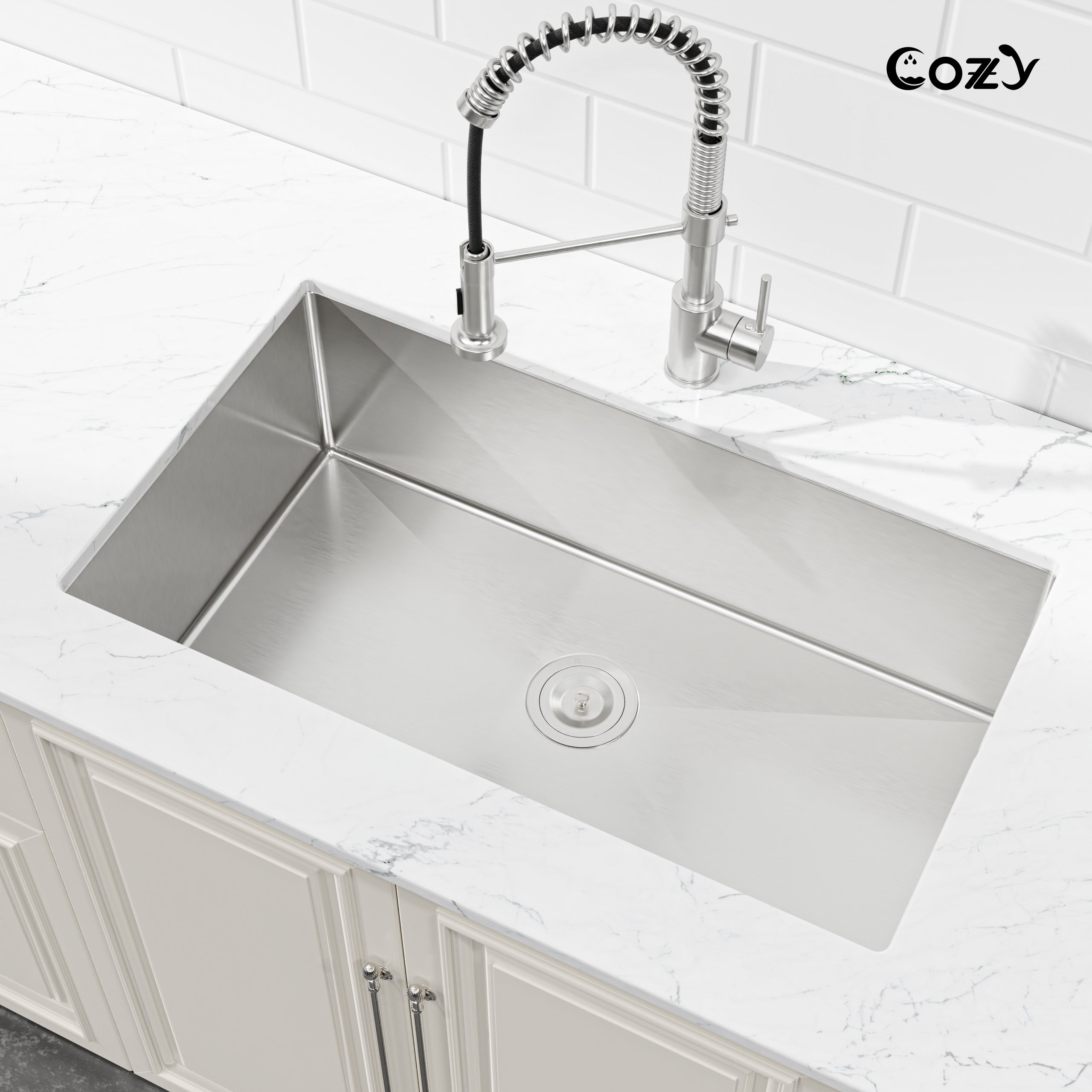 33x19 inch Brushed Nickel Stainless Steel Single Bowl Undermount Kitchen Sink with US Standard Drain and Hook, Model SS-BR04D-331912
