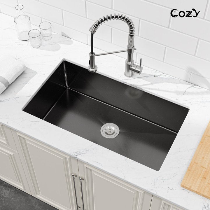 33x19 inch Black Stainless Steel Single Bowl Undermount Kitchen Sink with US Standard Drain and Hook, Model SS-BL04D-331912