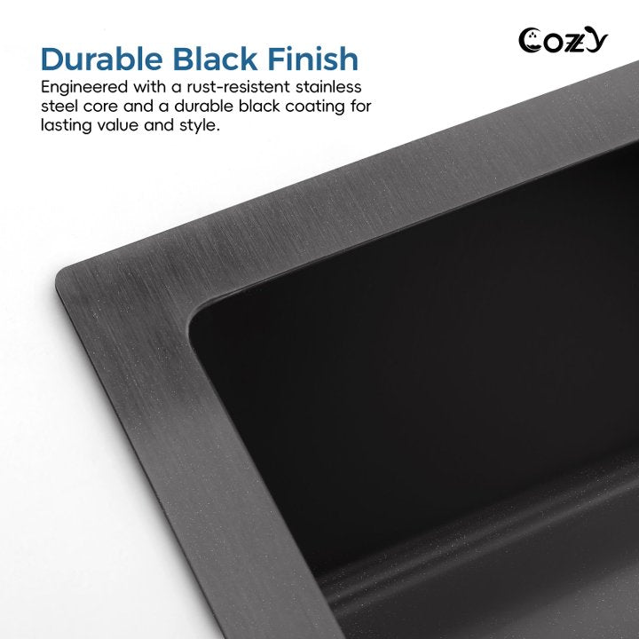 33x19 inch Black Stainless Steel Single Bowl Undermount Kitchen Sink with US Standard Drain and Hook, Model SS-BL04D-331912