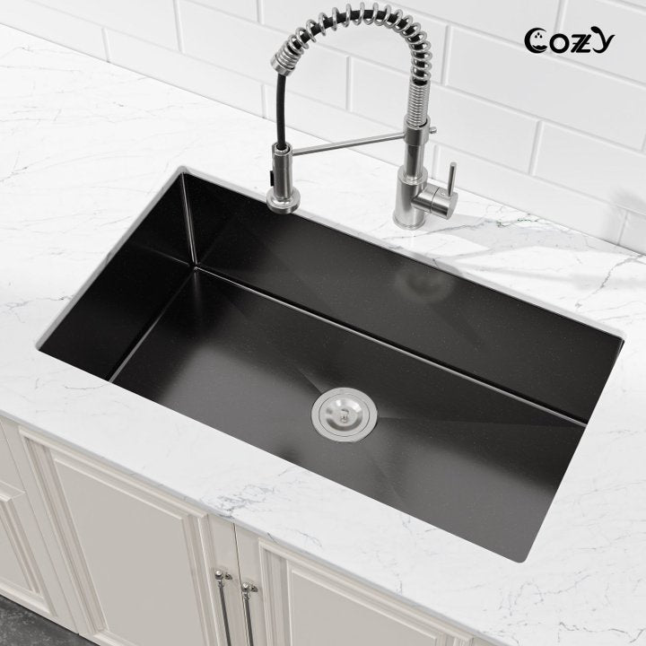 33x19 inch Black Stainless Steel Single Bowl Undermount Kitchen Sink with US Standard Drain and Hook, Model SS-BL04D-331912