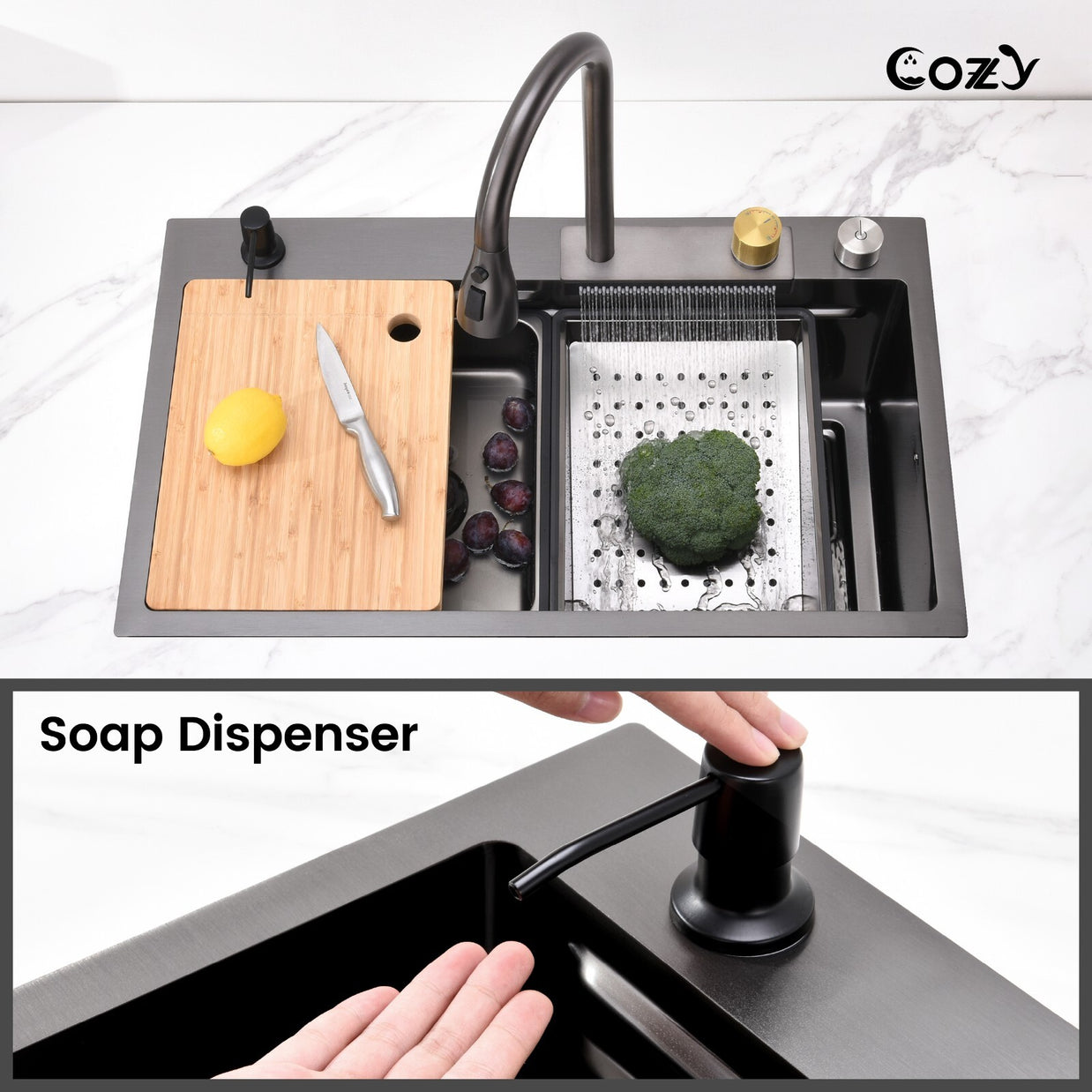 30x22 Cozy Multifunctional Drop-in Sink Pull-down&Waterfall Faucet&Cutting Board