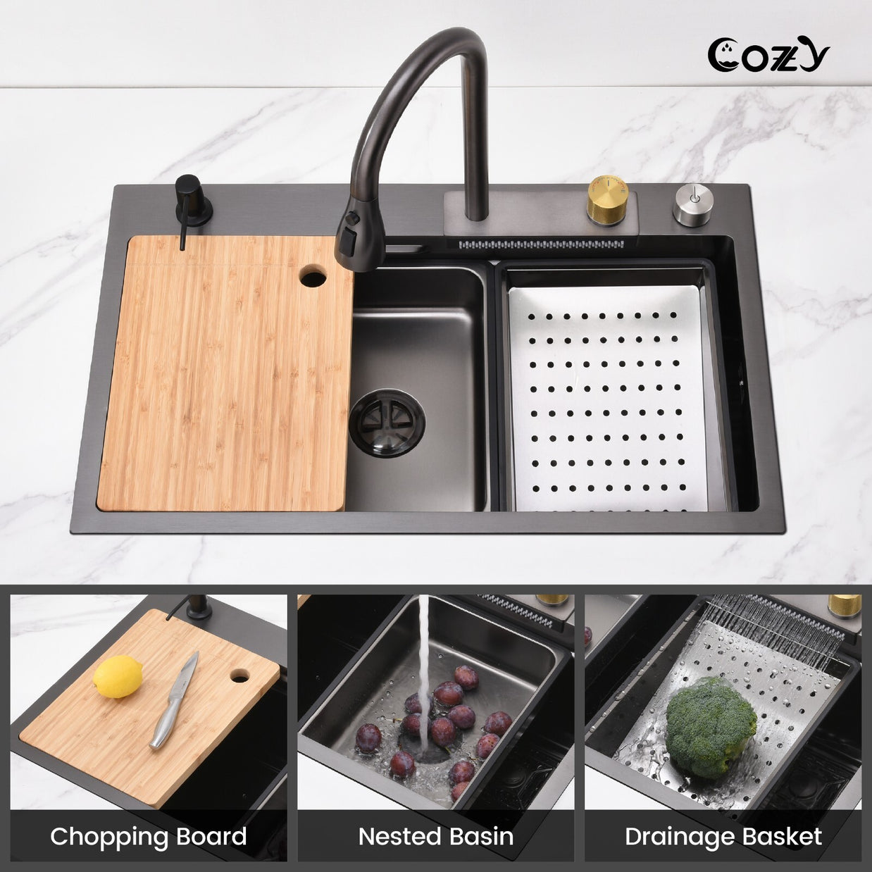 29.5'' Multifunctional Overmount Sink Pull-down&Waterfall Faucet&Cutting Board