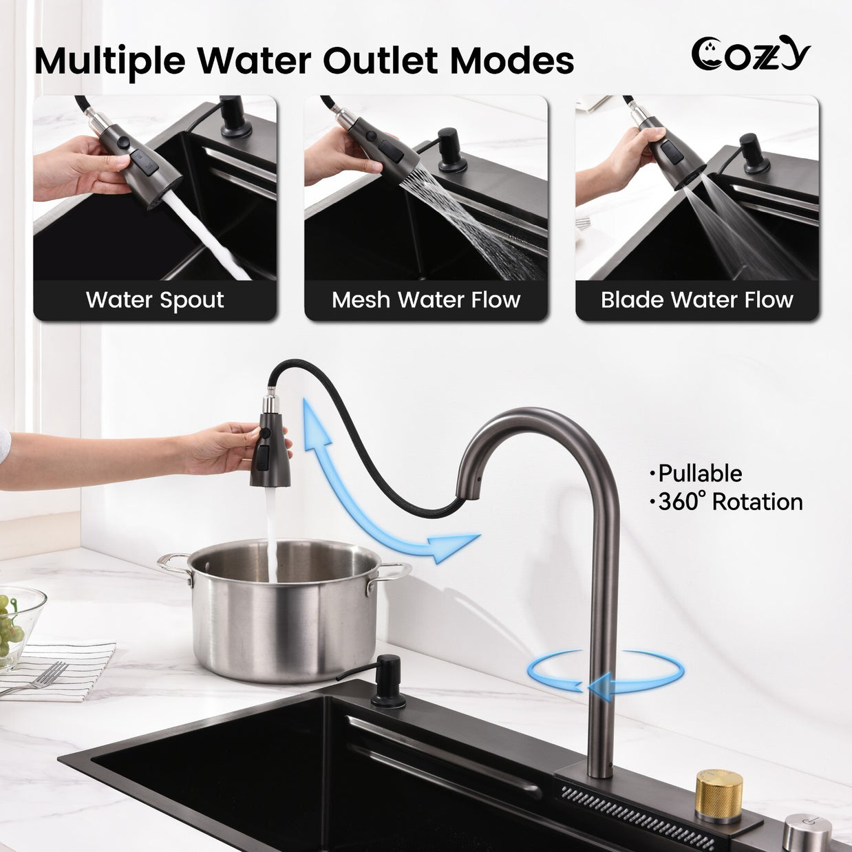 29.5'' Multifunctional Overmount Sink Pull-down&Waterfall Faucet&Cutting Board