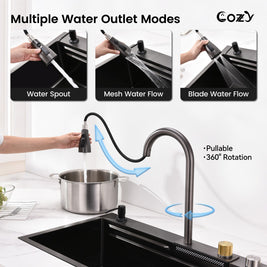 29.5'' Multifunctional Overmount Sink Pull-down&Waterfall Faucet&Cutting Board