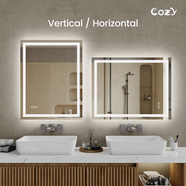 28x36'' LED Bathroom Mirror Wall Vanity Mirror Dimmable Anti-fog Tempered Glass