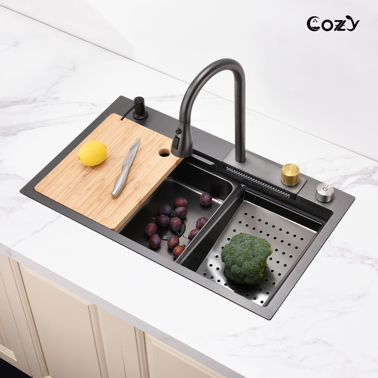 29.5'' Multifunctional Overmount Sink Pull-down&Waterfall Faucet&Cutting Board