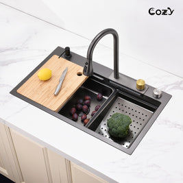 29.5'' Multifunctional Overmount Sink Pull-down&Waterfall Faucet&Cutting Board