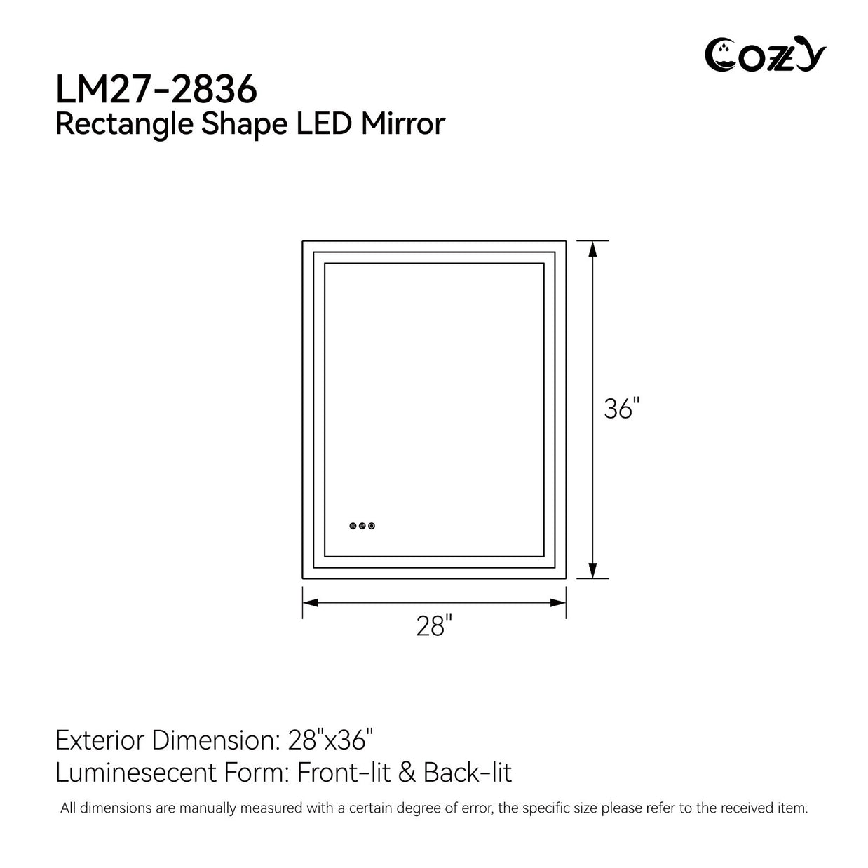 28x36'' LED Bathroom Mirror Wall Vanity Mirror Dimmable Anti-fog Tempered Glass