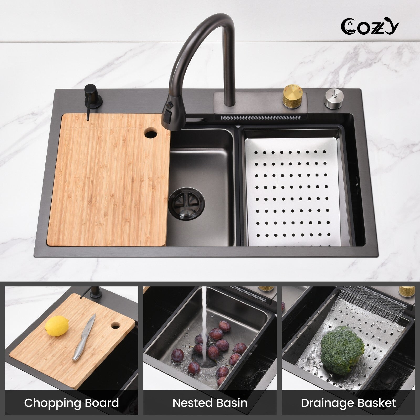 30x22 Cozy Multifunctional Drop-in Sink Pull-down&Waterfall Faucet&Cutting Board