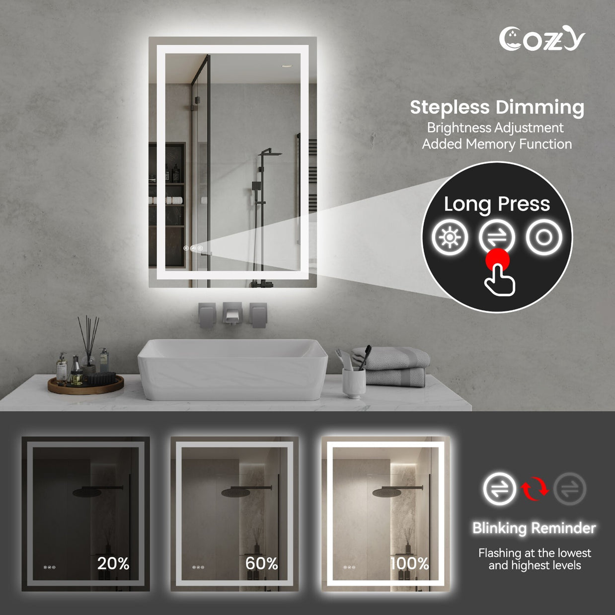 24x36'' LED Bathroom Mirror Wall Vanity Mirror Dimmable Anti-fog Tempered Glass