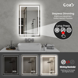 24x36'' LED Bathroom Mirror Wall Vanity Mirror Dimmable Anti-fog Tempered Glass