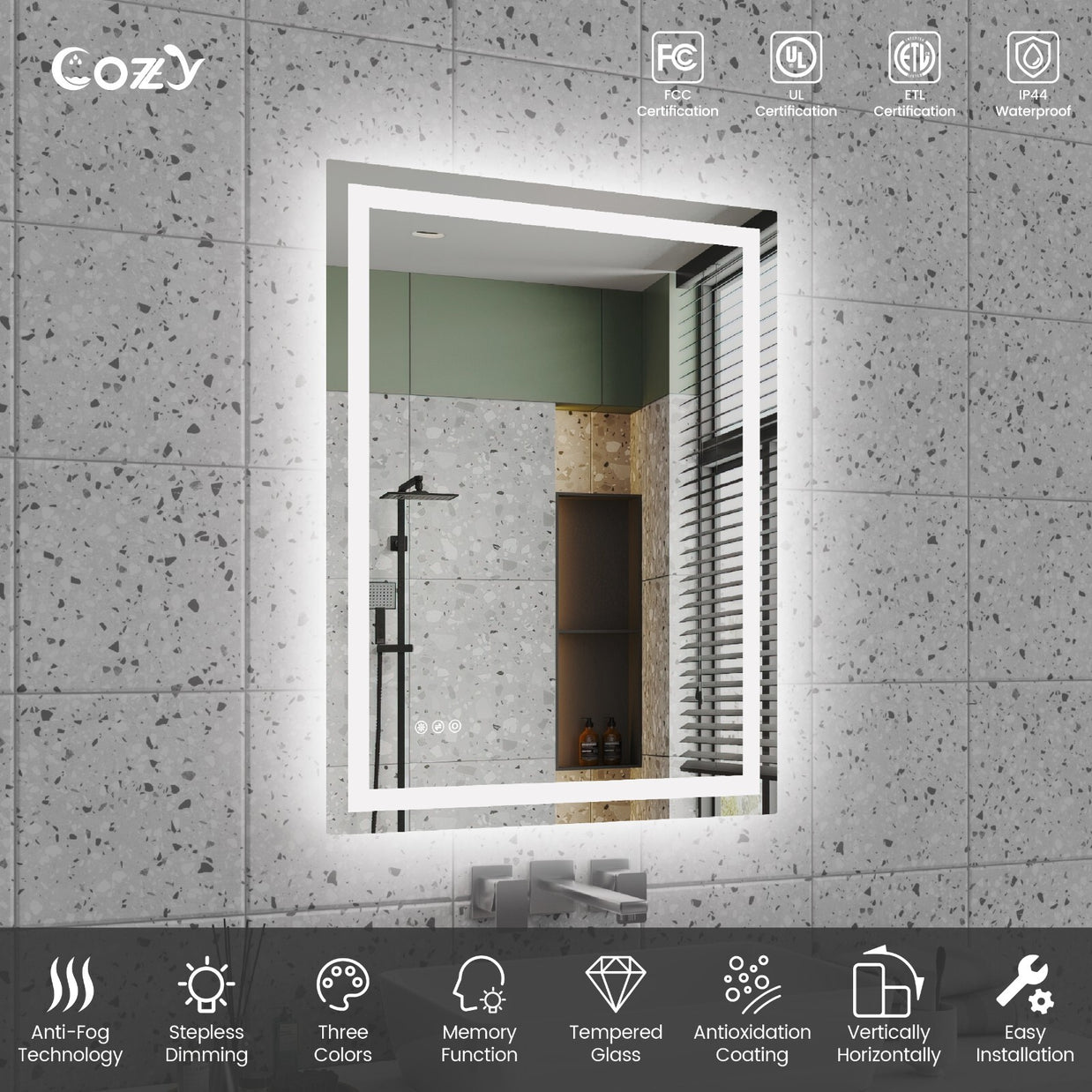 28x36'' LED Bathroom Mirror Wall Vanity Mirror Dimmable Anti-fog Tempered Glass