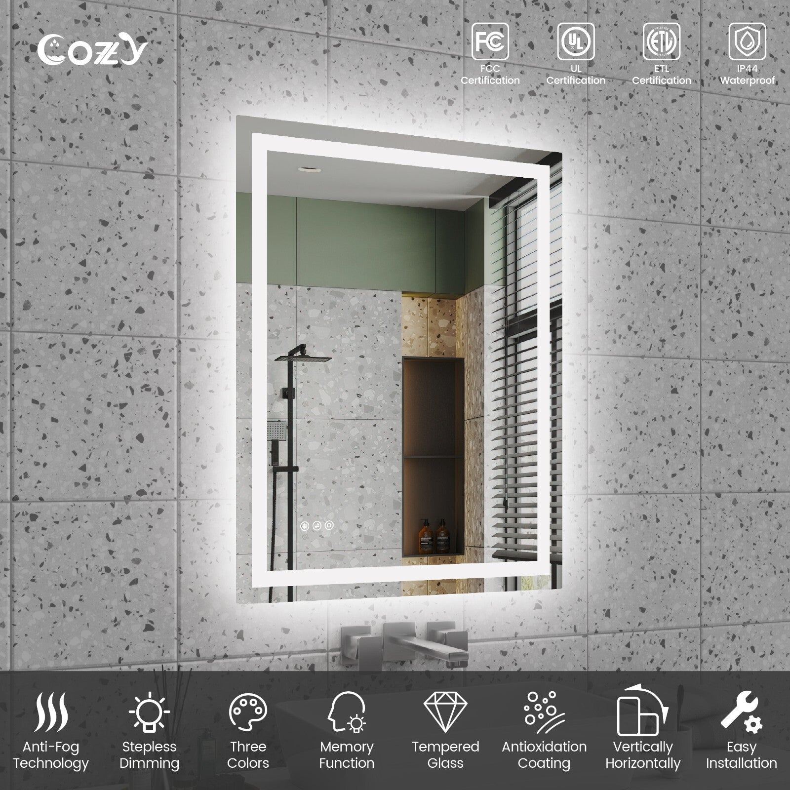28x36'' LED Bathroom Mirror Wall Vanity Mirror Dimmable Anti-fog Tempered Glass
