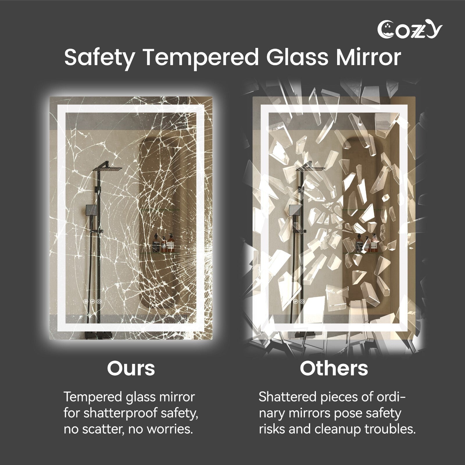 20x28'' LED Bathroom Mirror Wall Vanity Mirror Dimmable Anti-fog Tempered Glass