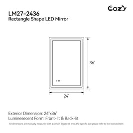 24x36'' LED Bathroom Mirror Wall Vanity Mirror Dimmable Anti-fog Tempered Glass