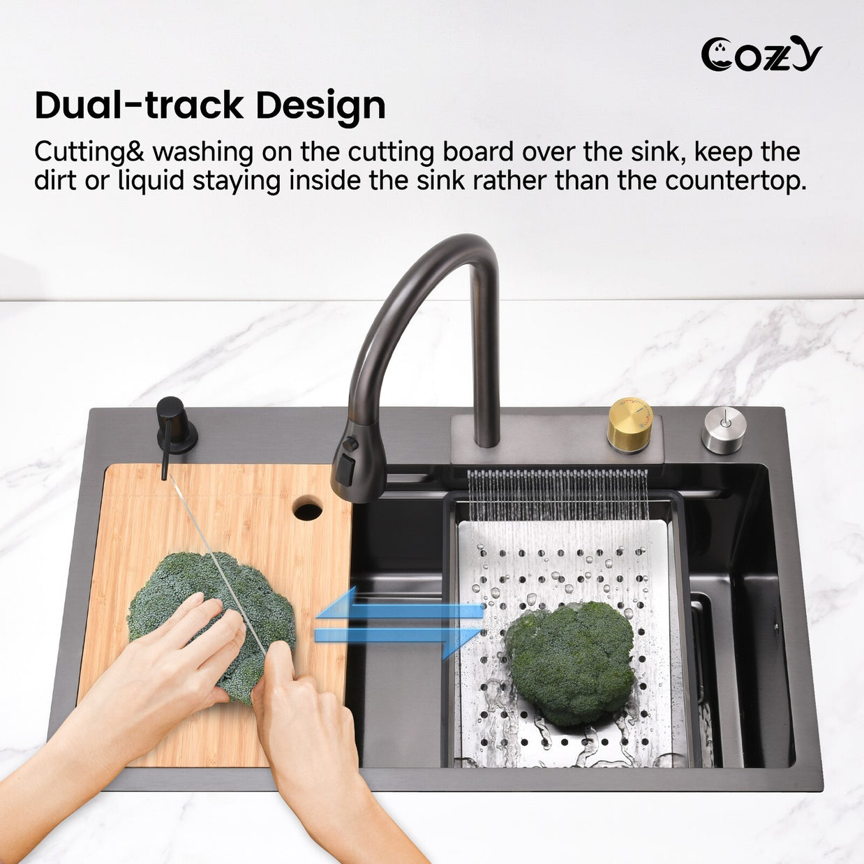 29.5'' Multifunctional Overmount Sink Pull-down&Waterfall Faucet&Cutting Board