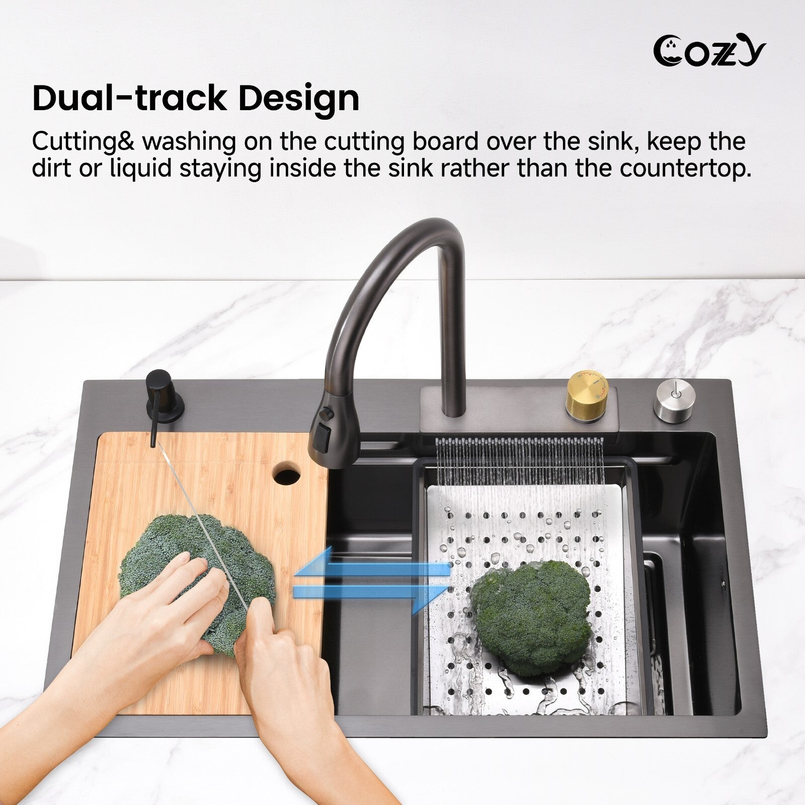 29.5'' Multifunctional Overmount Sink Pull-down&Waterfall Faucet&Cutting Board