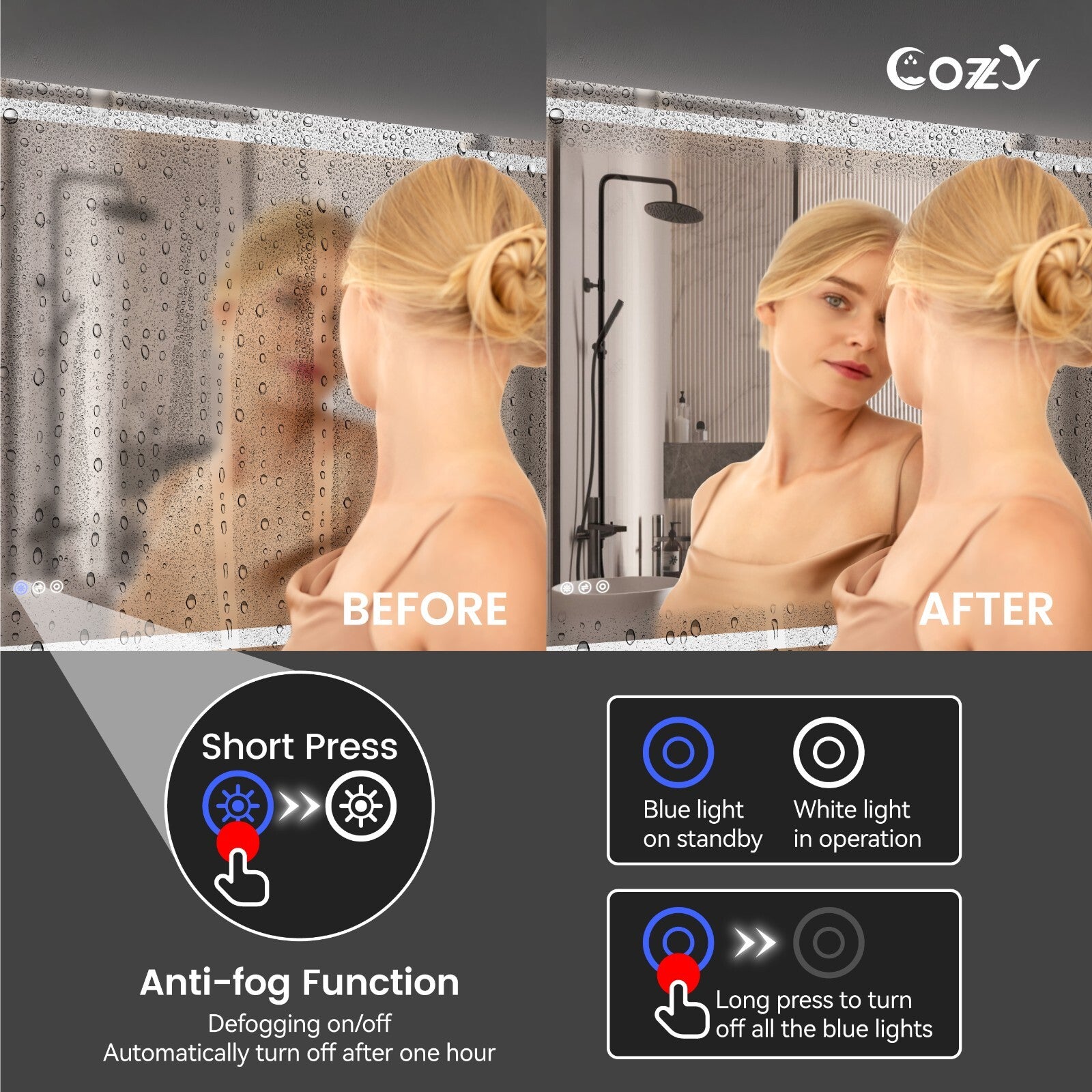 24x36'' LED Bathroom Mirror Wall Vanity Mirror Dimmable Anti-fog Tempered Glass