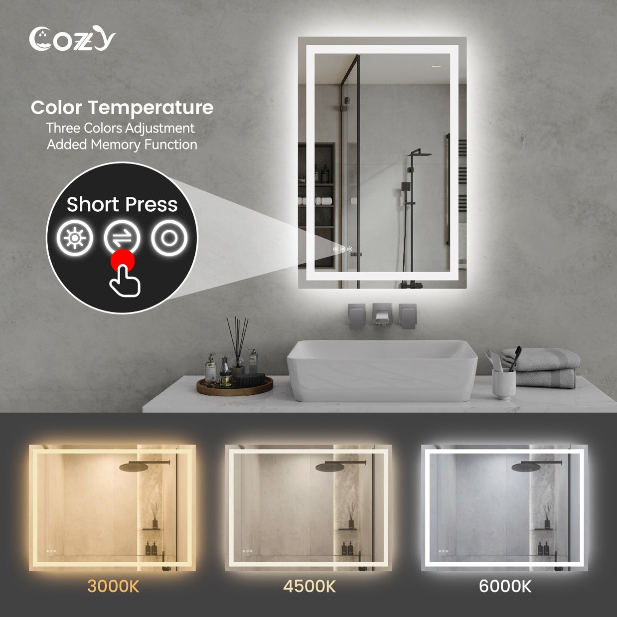 24x36'' LED Bathroom Mirror Wall Vanity Mirror Dimmable Anti-fog Tempered Glass