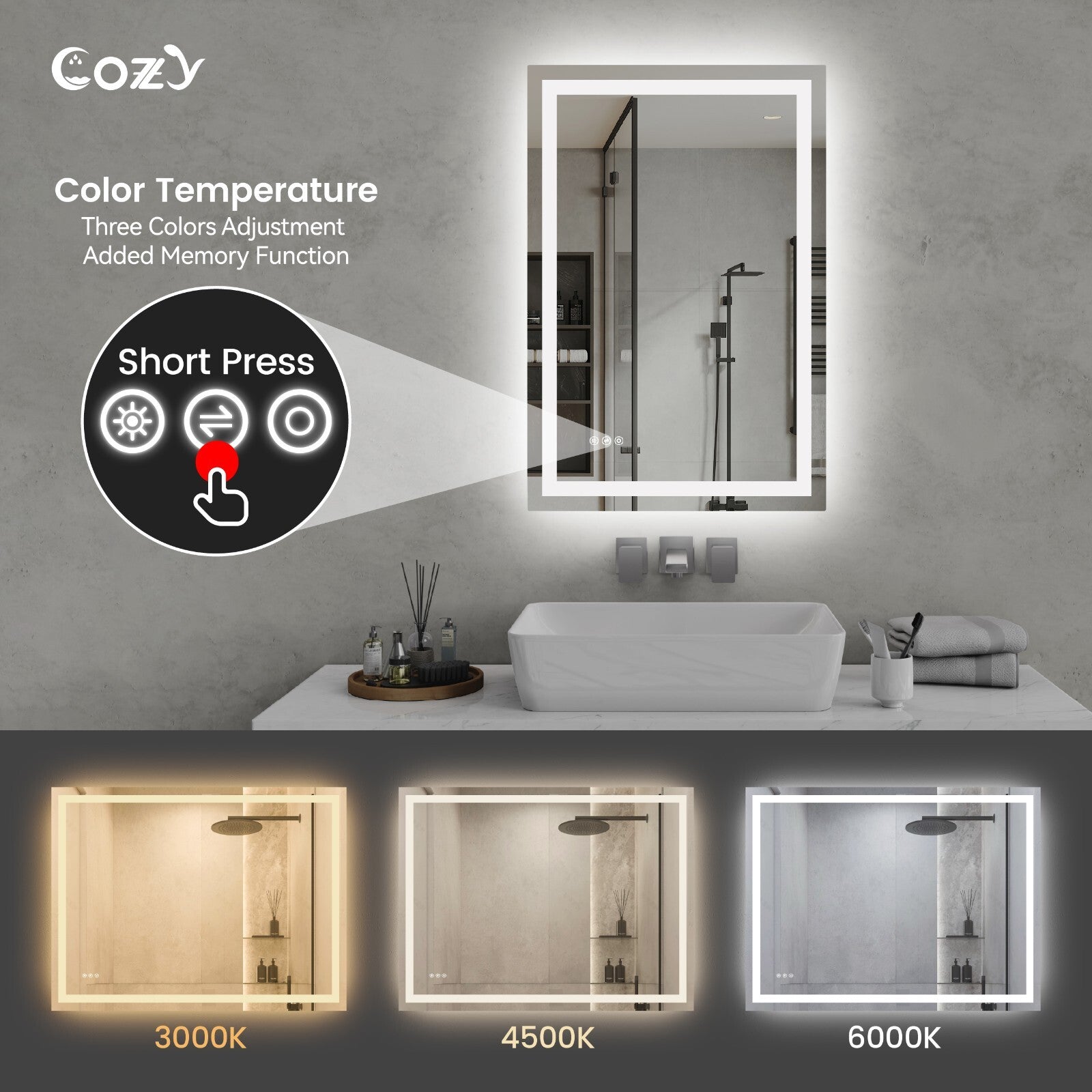 24x36'' LED Bathroom Mirror Wall Vanity Mirror Dimmable Anti-fog Tempered Glass